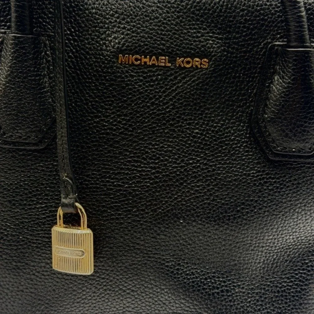 Michael Kors Mercer Black Pebbled‎ Leather Dome Satchel Crossbody Bag Gold Chain - Picture 11 of 11